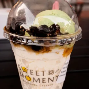 ice with matcha ice cream and boba