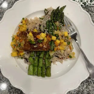 Coconut Cashew Crusted Mahi with rice pilaf, asparagus and mango pineapple salsa.