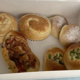 Bacon bun, scallion bun, egg yolk bun, cheese bun