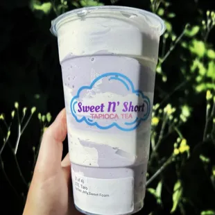 Taro smoothie with lychee jelly and the new topping, sweet foam  (there&apos;s 3 kinds, sweet, salted, and cheese foam)