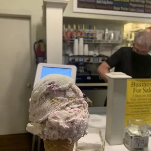 Raspberry cheesecake Ice cream scooped by the friendliest man ever