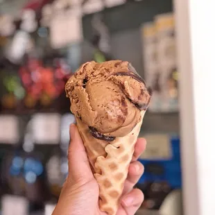 Kahlua almond fudge in waffle cone $5.50