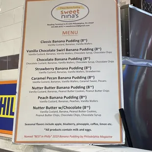 the menu for the sweet nina&apos;s