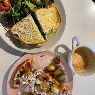 Banana foster waffles and portobello sandwich