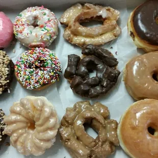 Chocolate &amp; nuts, vanilla sprinkles, cruller, old fashioned and raised