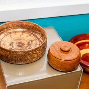 a wooden bowl on display