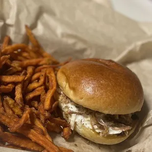 The original pulled pork sandwich with sweet potato fries