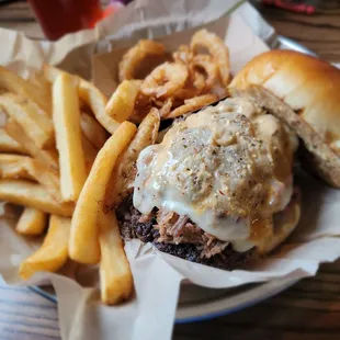 Pulled pork burger and fries
