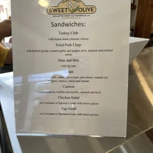 Sandwich menu