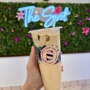 Jasmine milk tea with grass jelly