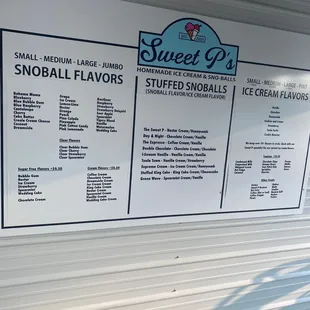 the menu for sweet p's