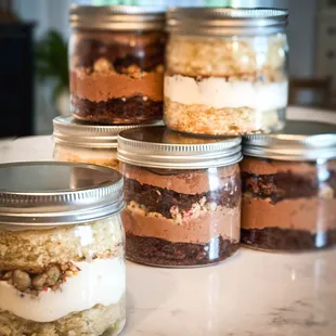 a variety of desserts in jars