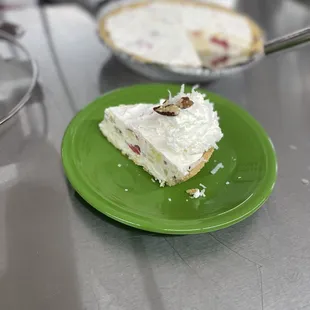 Millionare pie has cherries, coconut, pecans, and pineapple.