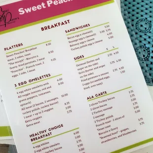 a menu for sweet peaches