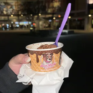 a hand holding a cup of ice cream