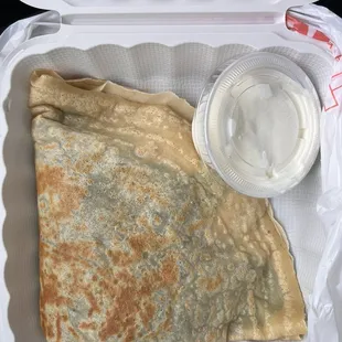 Artichoke, chicken Spinach and Cheddar crepe - no cheese hee