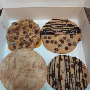 Cookie Box Assortment Snickerdoodle, Double Chocolate Chip W/ Nuts Carmelized, Chocolate Chip W/Chocolate Struesel.