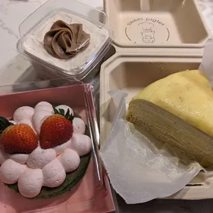 Counter-clockwise from top left (not regular menu): - chestnut trifle/cake - cloud cake (strawberry + pandan cake) - durian crepe cake