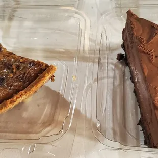 a slice of chocolate cake and a piece of pie