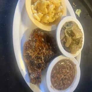 Grilled Chop, mac nd cheese, cabbage, black eyed peas