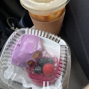 Vegan Taro donut, vegan berry donut and vegan Vietnamese coffee.