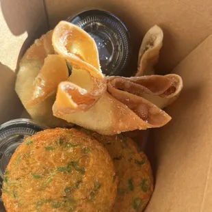 Crab Rangoon with Sweet Chile Sauce and Fish Cakes