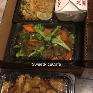 Shrimp fried rice, beef and broccoli, orange chicken and Chicken pad Thai Yummy tonight&apos;s dinner