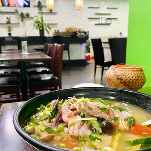 Thai Pork-Riblet Soup Enjoy fall apart 4-hour braised  baby pork riblets fused with a fragrant hot &amp; sour soup made with lime &amp; ginger.