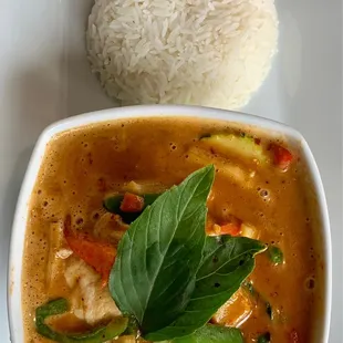 Panang Curry w/chicken. A bit salty but the flavor is there. I&apos;ll take it home and water it down a bit for dinner.