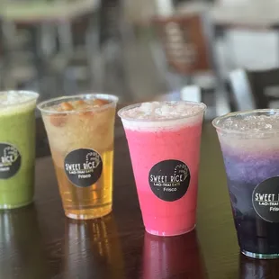 Green tea, Thai Logan, pink milk tea, butterfly pea drink