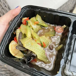 Cucumber salad soggy smells looks really bad taste terrible it&apos;s absolutely disgusting I&apos;m actually worried eating this