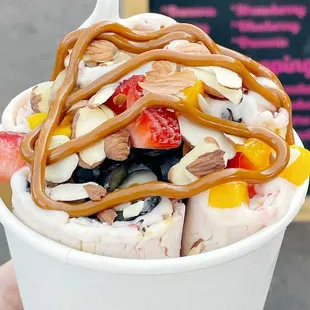 Fruit overload with almonds and caramel drizzle