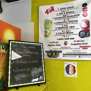 a menu for a smoothie