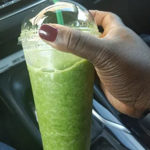 24oz green smoothie with kiwi, kale, spinach, banana, and I added ginger. I opted for no