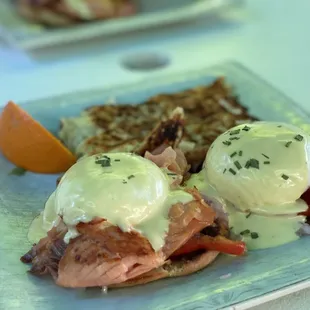 Salmon Benedict add tomato capers onion