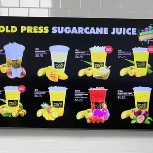 a menu for cold press sugar cane juice