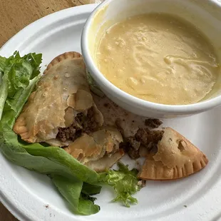 Beer cheese soup and empanadas.