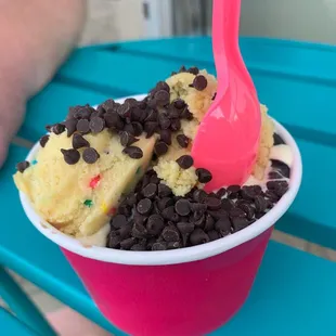Medium- half cake batter half chocolate, filled with two scoops of cookie dough and mini chocolate chips.