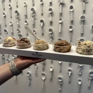 Our flight  Flavors Left to right Berry Crumble, Hazelnut Brownie, Five Watt Coffee, Cayenne caramel brownie, Stracciatella