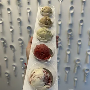 Flight back to front: PB Chocolate Cookie, Coffee Caramel Cookie, Grasshopper Pie, Cherry Sorbet, &amp; Raspberry Cheesecake