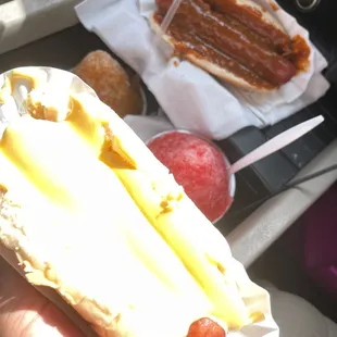 cheese dog, chili dog, amaretto snowball, strawberry cheesecake snowball