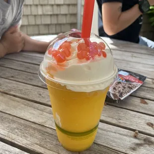 Mango smoothie with vanilla gelato and boba