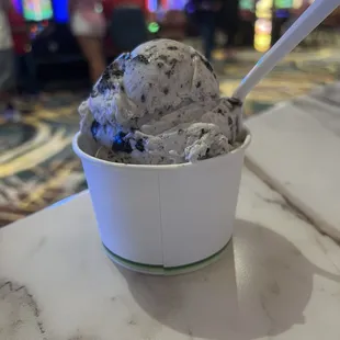 a cup of ice cream with a spoon in it