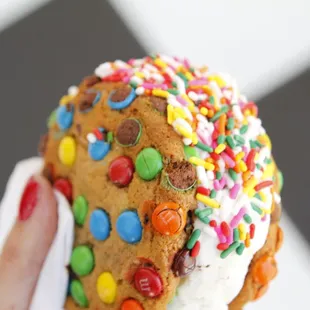 a hand holding a chocolate chip cookie with sprinkles