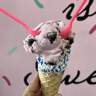 Monster cone Black cherry ice cream and sprinkle waffle cone