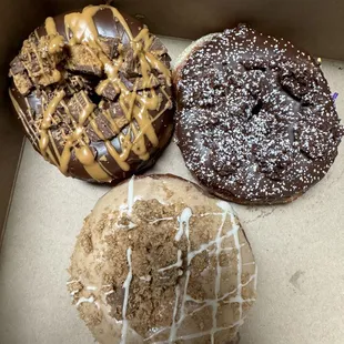 Donuts: peanut butter cup, fudge brownie and cookie butter