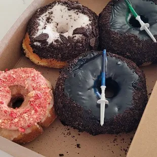 Death Star by Chocolate Donuts (May the 4th Star Wars Special), Strawberry Cheesecake Donut, and Cookies &amp; Cream Donut