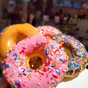 Experience donut heaven with our NEW lineup - Glazed, Chocolate Frosted, and Pink Frosted. Indulge in delightful sweetness!  #NewDonutF