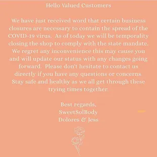Temporarily closed, please see website for updates.  Sweetsol body.com
Giftcards are available at this time $50 for $35.