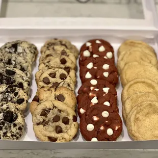 Cookies and creme, chocolate chip, red velvet and snickerdoodle